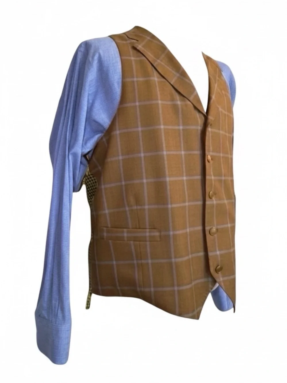 Tom James Custom 3-Piece Suit | Windowpane | Gold Buttons | Classic Tailored